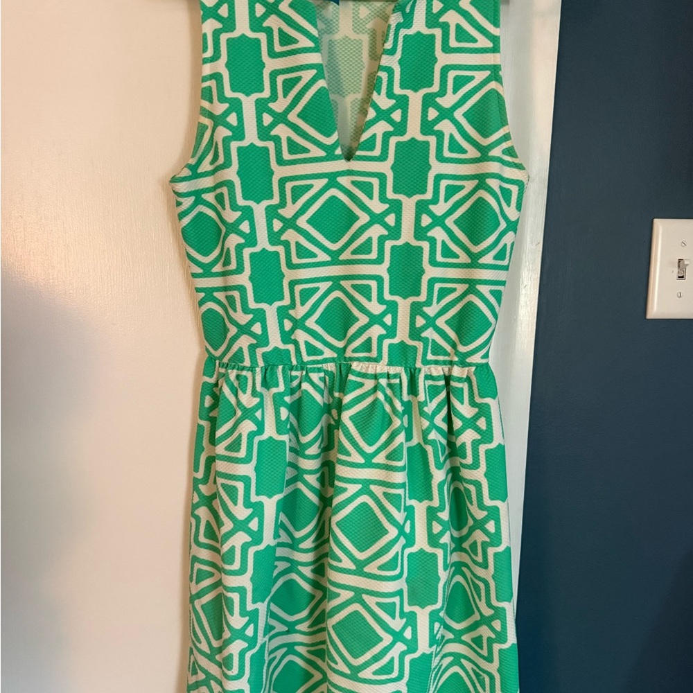 Francesca's Collections Green & White Sleeveless Geometric Mini Dress